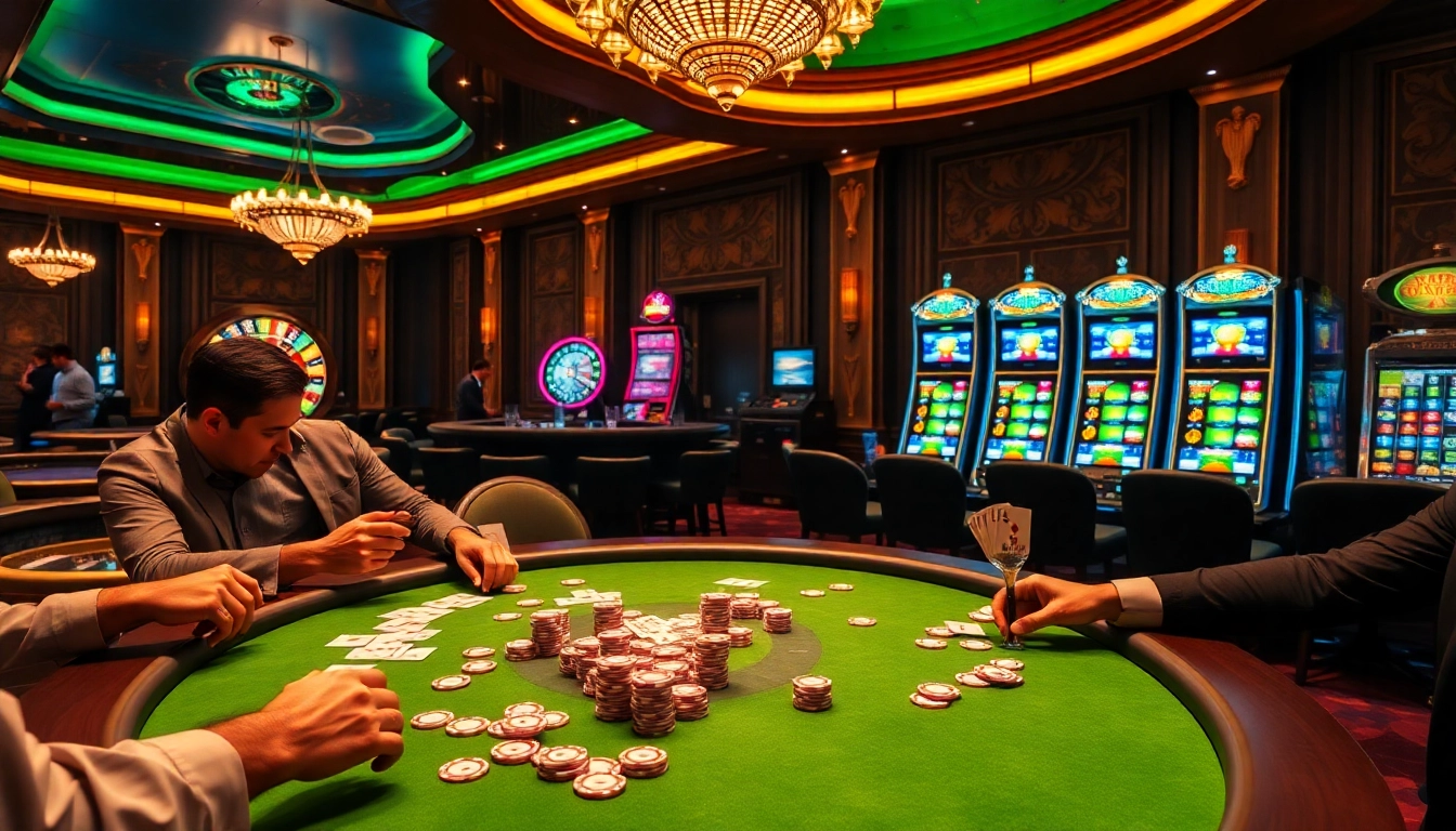 Players enjoying a thrilling game at JBO's luxurious poker table with glimmering roulette wheels.