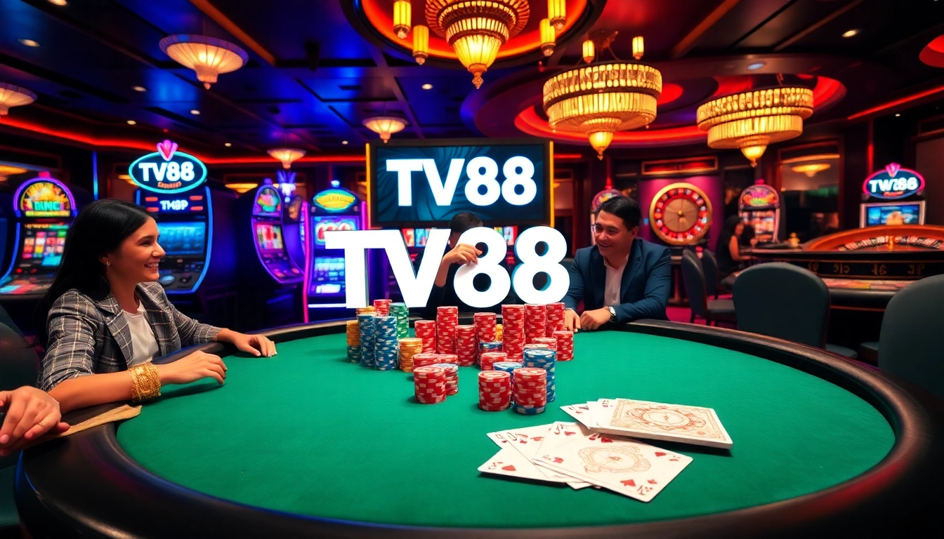 TV88 players enjoying a thrilling game at a vibrant poker table with colorful chips and cards.