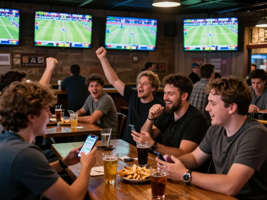 Tỷ lệ kèo nhà cái 5 displayed on screens as fans enthusiastically bet on sports in a lively bar