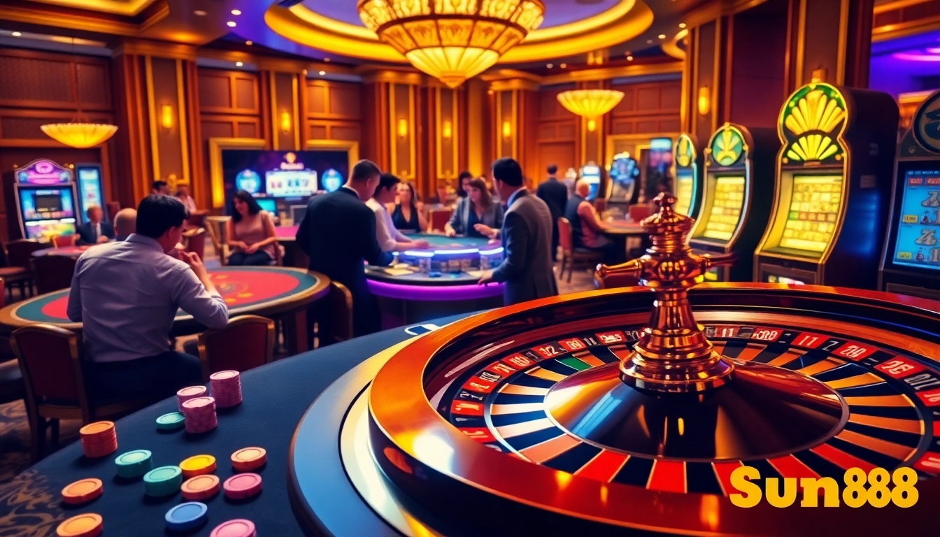 Players enjoying thrilling games at sun88 club casino with vibrant tables and slot machines.