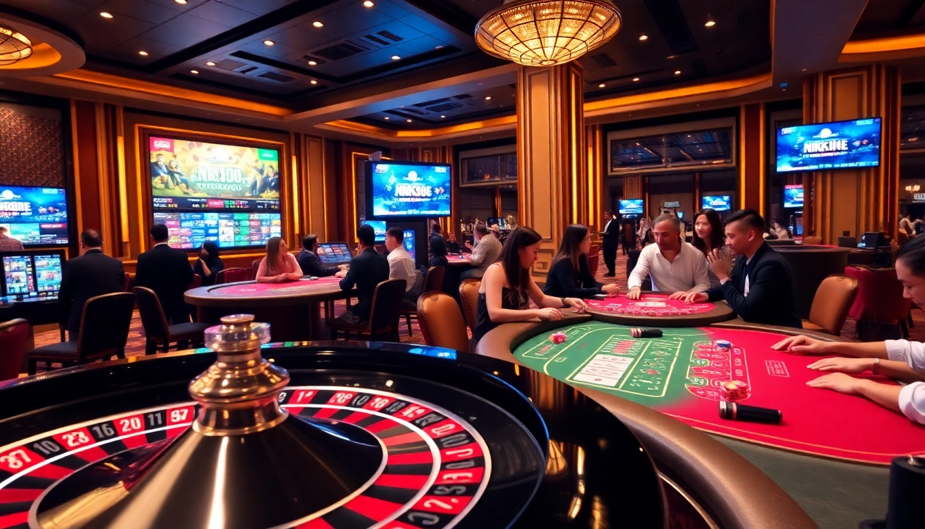 NK88 gambling scene with digital roulette, poker chips, and players enjoying the excitement.