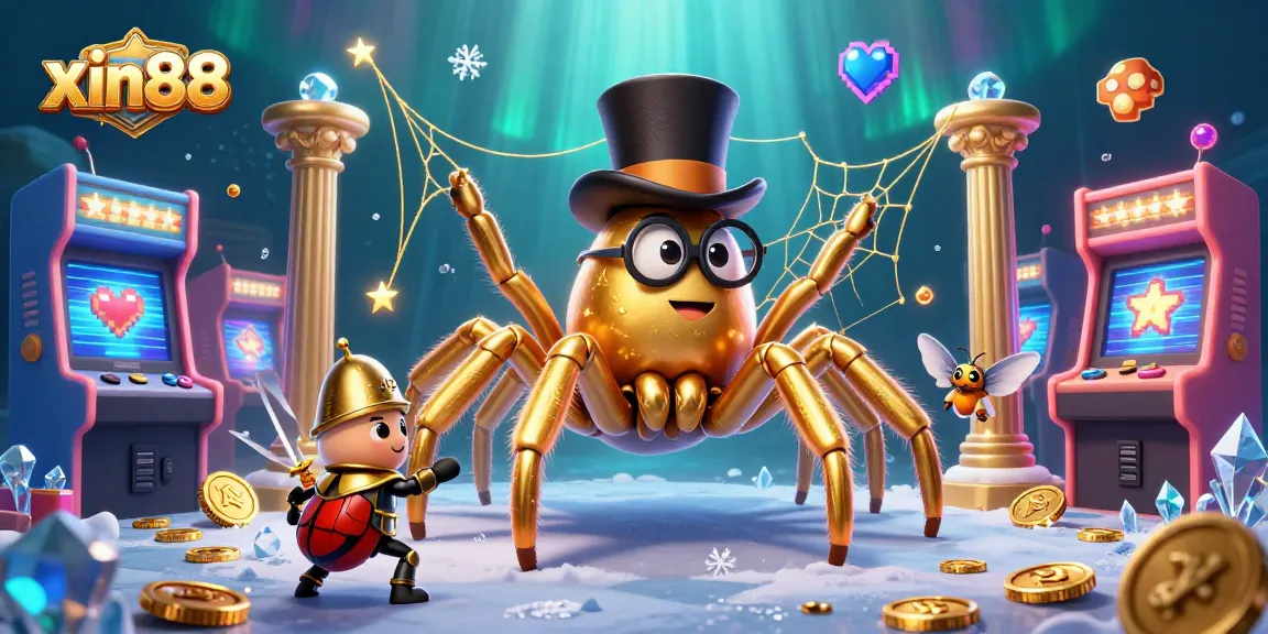 Win big with xin88 at a vibrant casino scene, featuring a giant golden tarantula weaving a web of fortune.