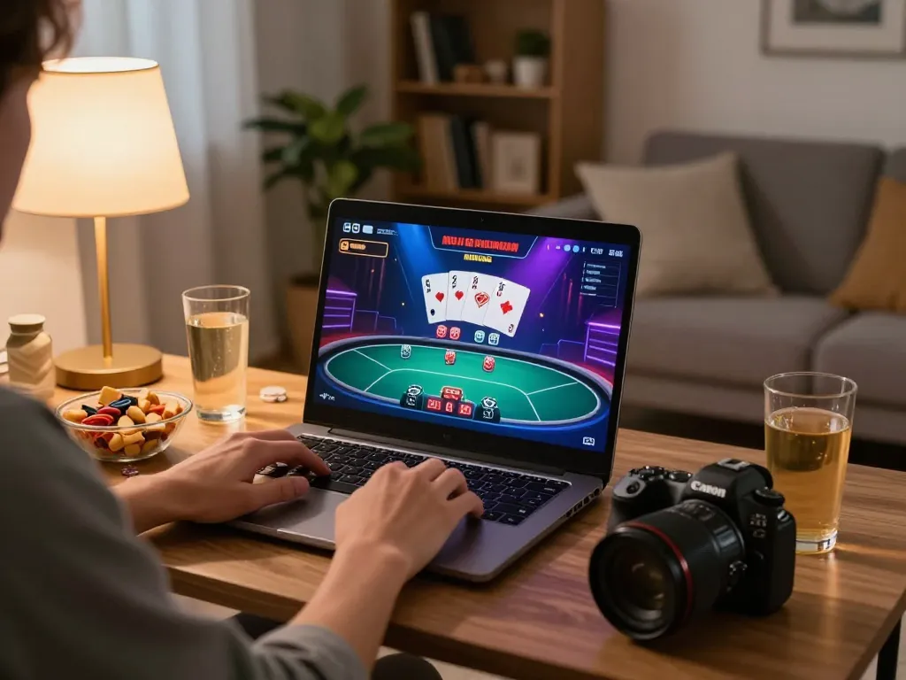 Twiin68 player engaging with online poker on a laptop in cozy home setting.