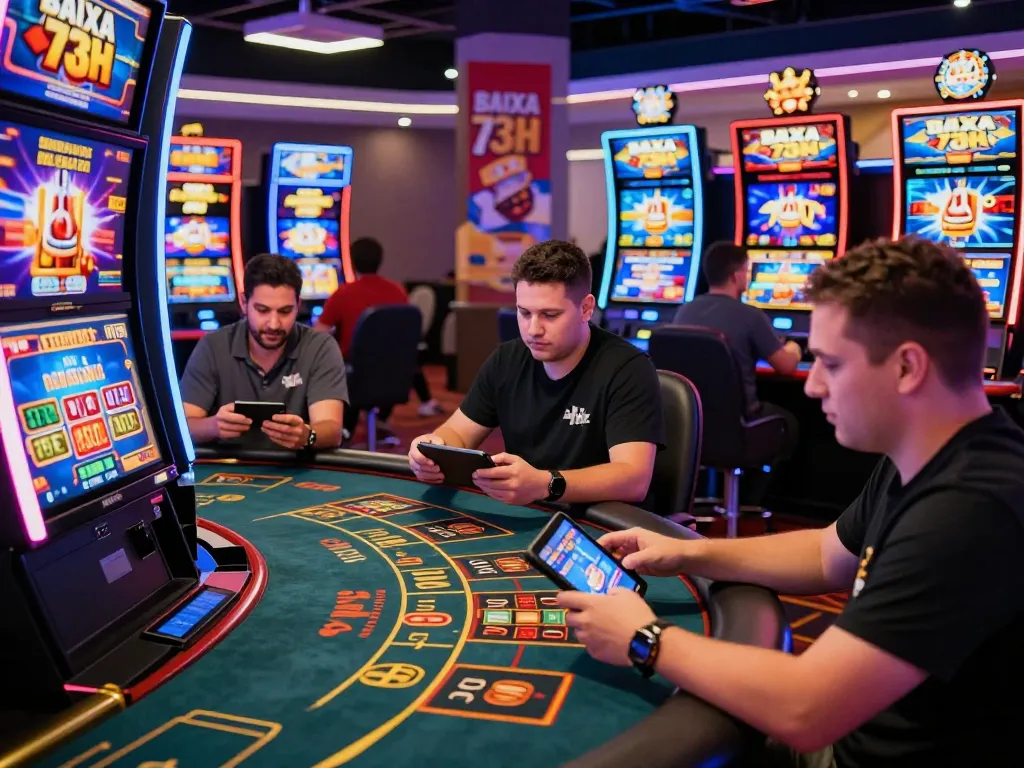 Diverse players enjoying the excitement of BAIXA 73H in a vibrant online casino environment with live dealers and colorful slot machines.
