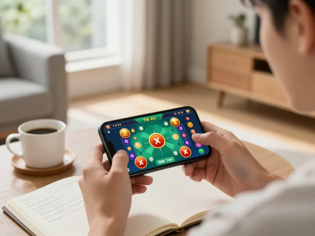 A player engages with taixiuonline8 using a smartphone in a cozy home setting, showcasing vibrant gameplay.