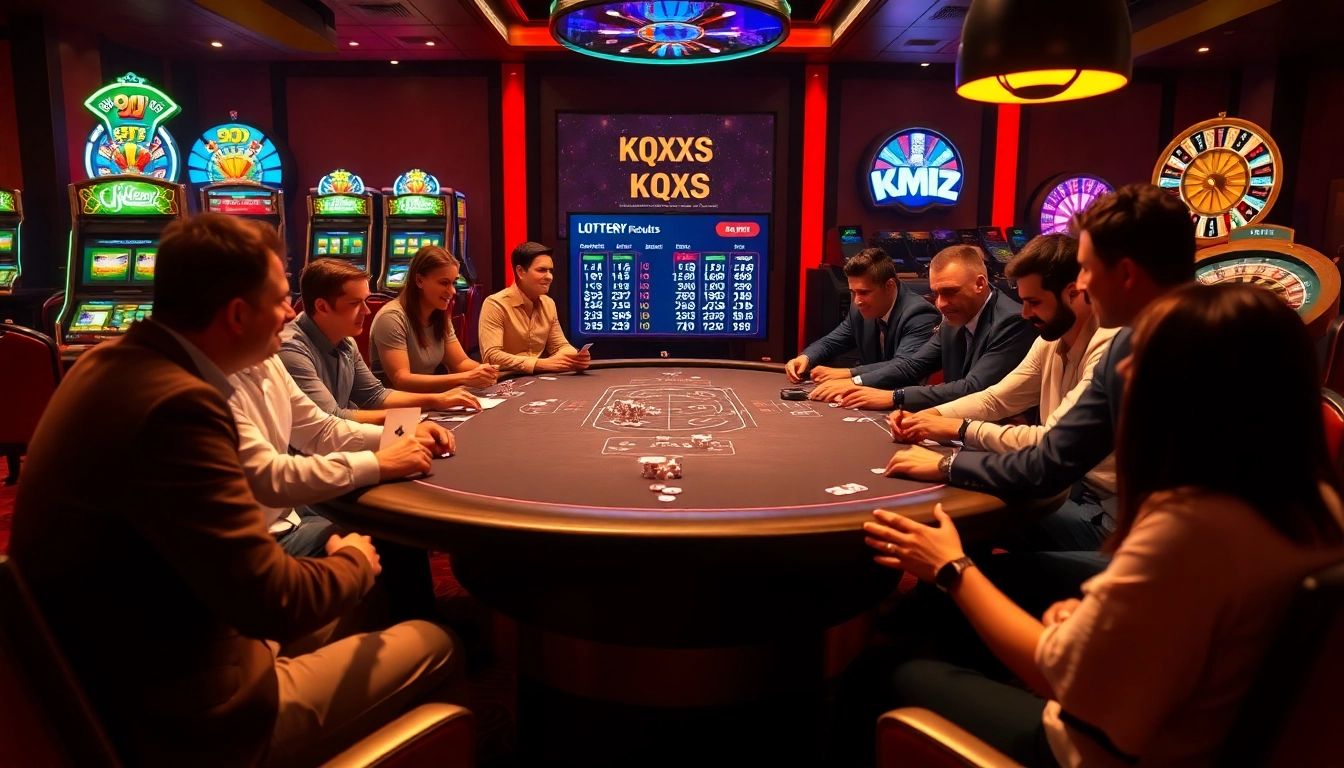 Kqxs results displayed at an exciting casino gaming table, surrounded by players.