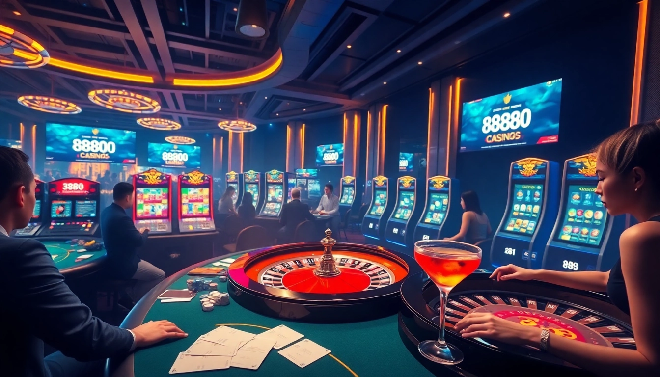 Gamblers enjoying the thrilling experience of 888P with vibrant casino tables and modern gaming interfaces.