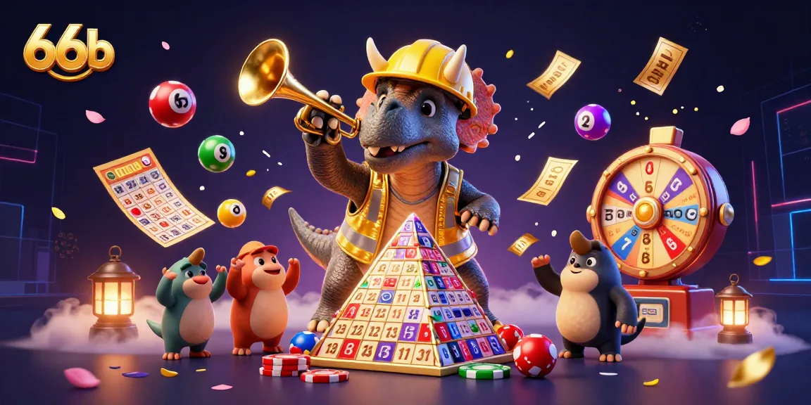 Engage with the vibrant world of 66b as cartoon dinosaurs celebrate victory amidst a dynamic gambling scene.