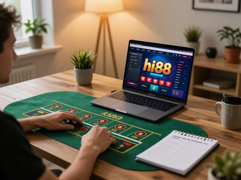 Player engaging in live dealer games at hi88 casino, showcasing convenient online gaming setup.