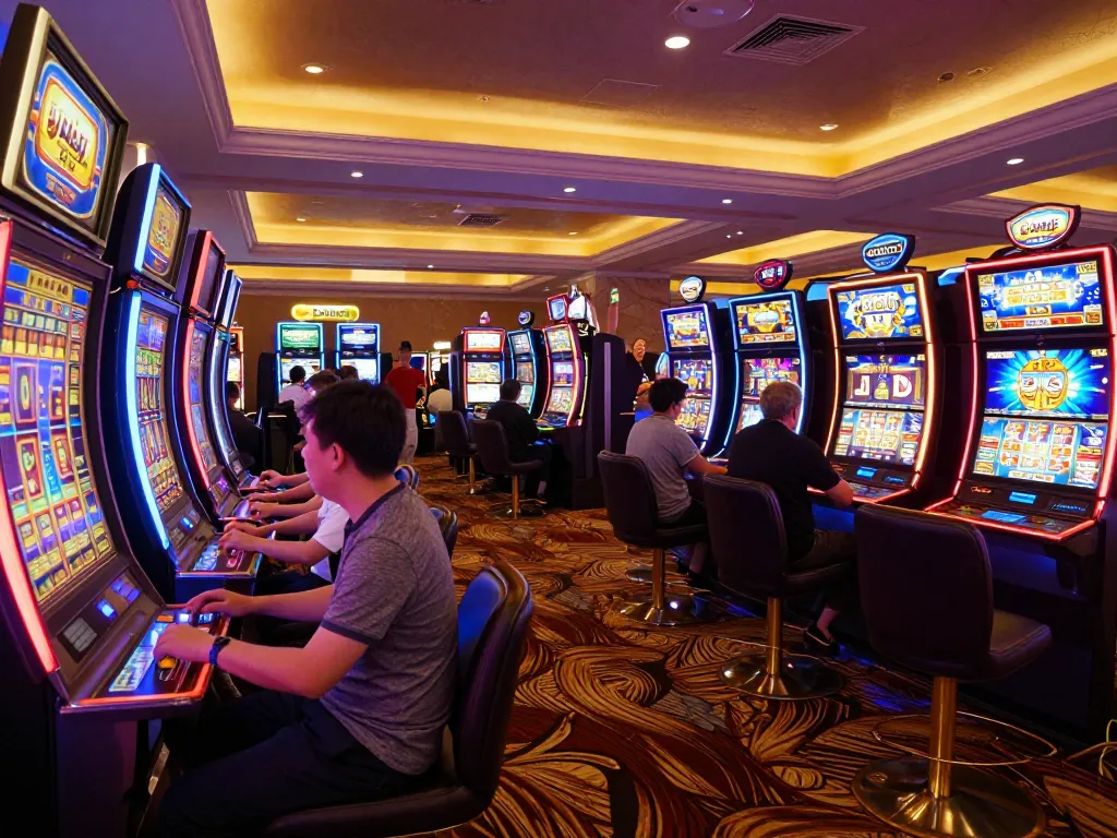 Excited players enjoying colorful slot machines at Sunwin Casino, capturing vibrant gaming atmosphere.