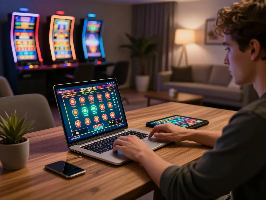Engaging player placing bets on fly88com biz laptop during online casino session, showcasing vibrant game visuals.