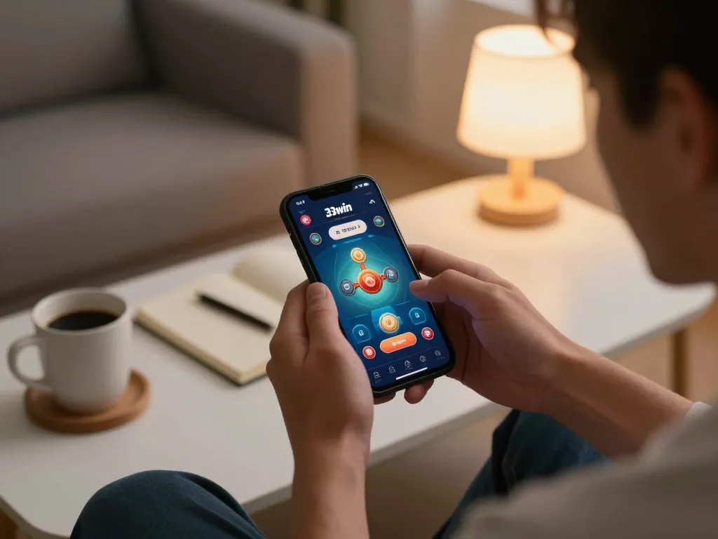 Player enjoying the 33win casino app on smartphone in a cozy setting, emphasizing responsible gaming