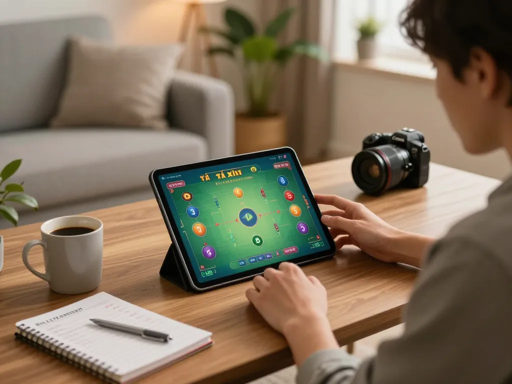 Engaged player analyzing strategies for tài xỉu online in a cozy home setting