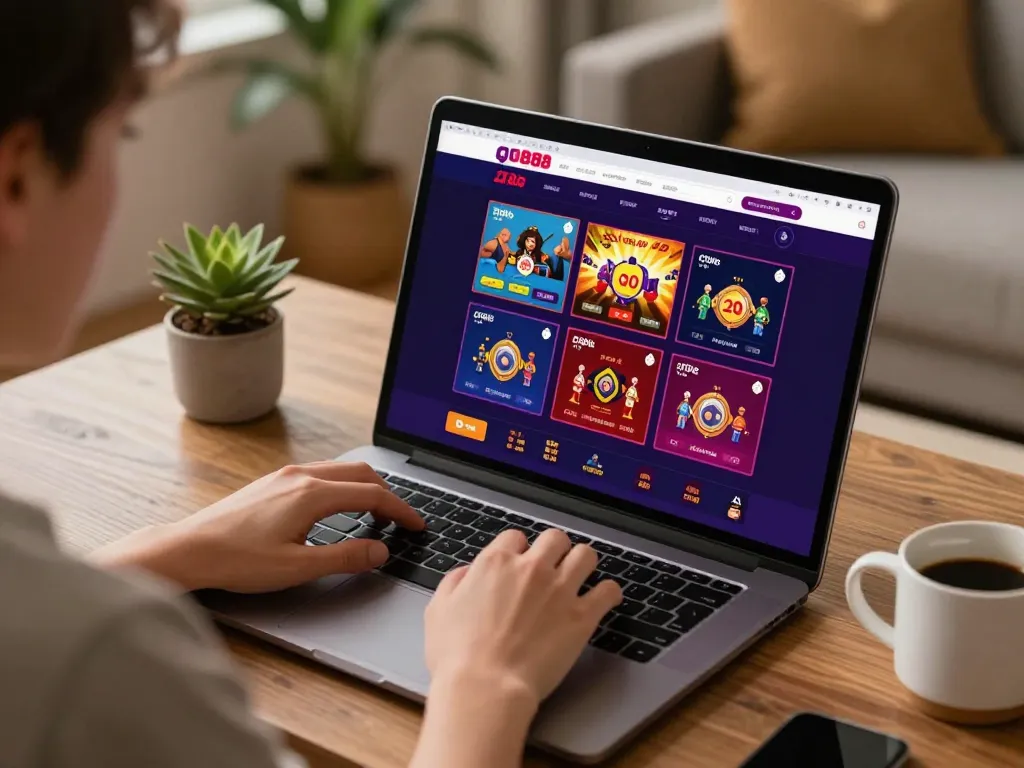 Engaging with go88 online gaming interface in a cozy home setup, showcasing vibrant casino gameplay