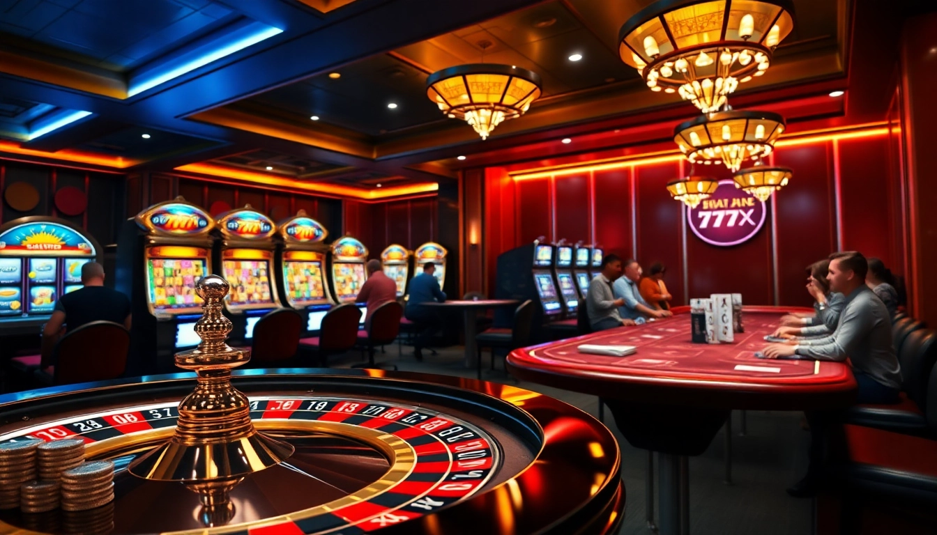 Players engaging at a luxurious casino table at 777X, featuring roulette and poker action.