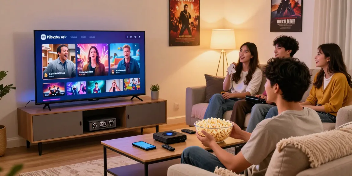 Pikashow APK download stream setup in a cozy living room with friends enjoying movies.