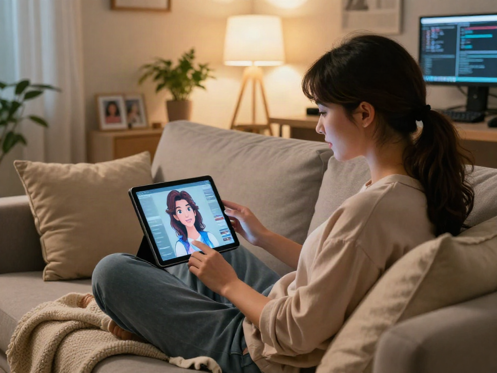 AI girlfriend experience on a couch with a person interacting with a tablet avatar in a cozy living room.