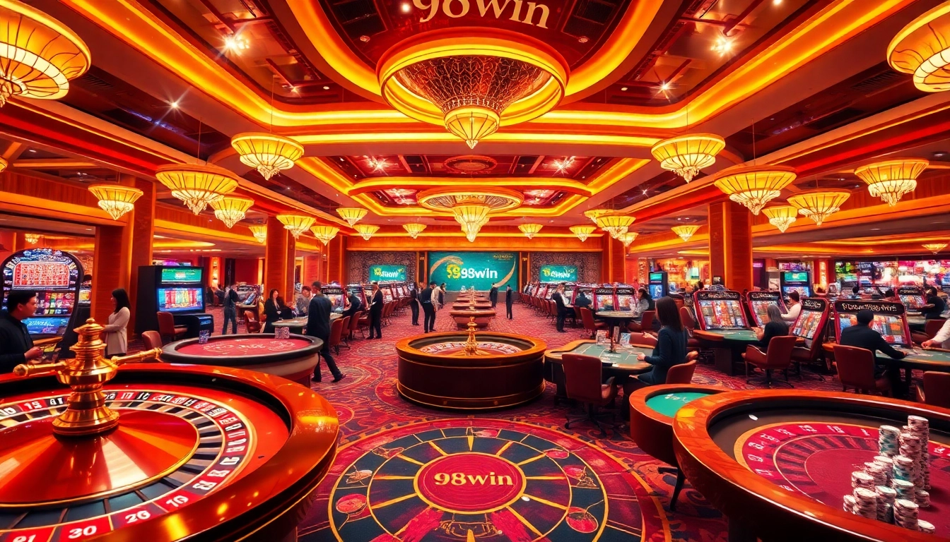 Experience competitive gameplay at 98win with poker chips and a vibrant casino atmosphere.