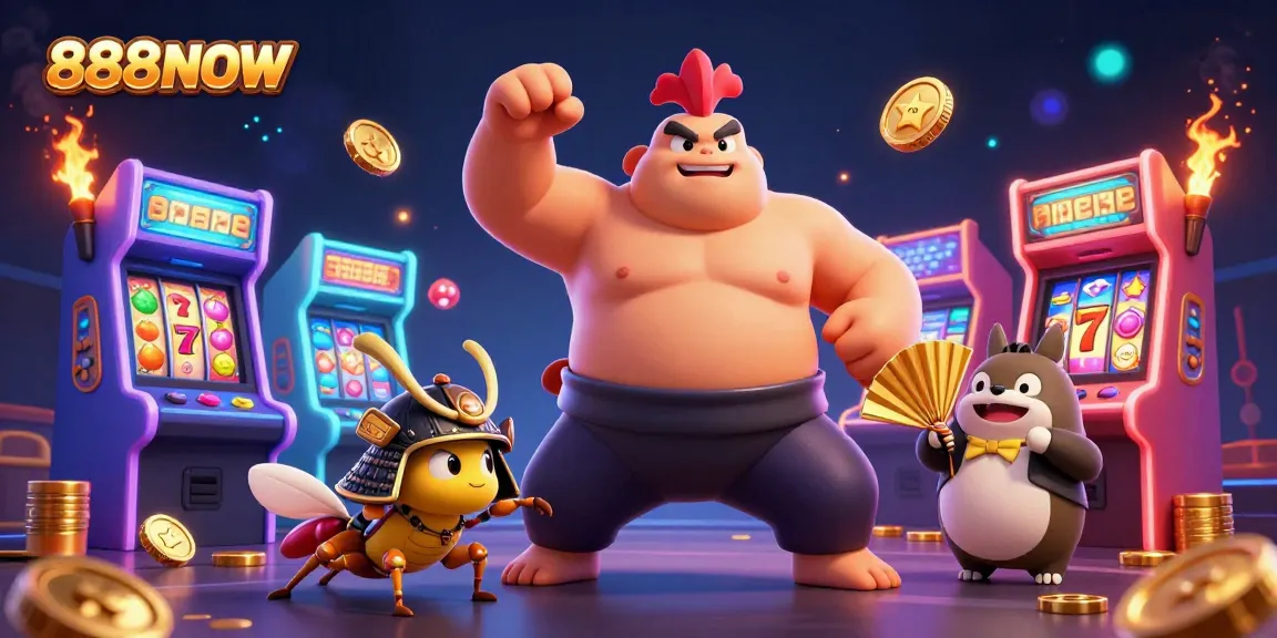 Experience the excitement of 888NOW with a dynamic 3D cartoon casino illustration featuring a sumo wrestler and samurai cricket.