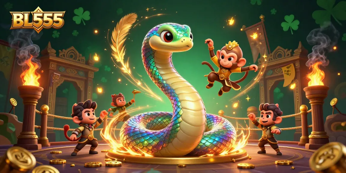 Experience thrilling gameplay at BL555, where the vibrant rainbow serpent coils around golden pillars in a 3D casino scene.
