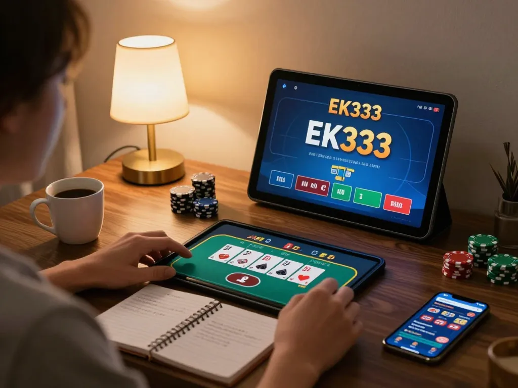 Play live poker on EK333 platform from home tablet, showcasing interactive gameplay.