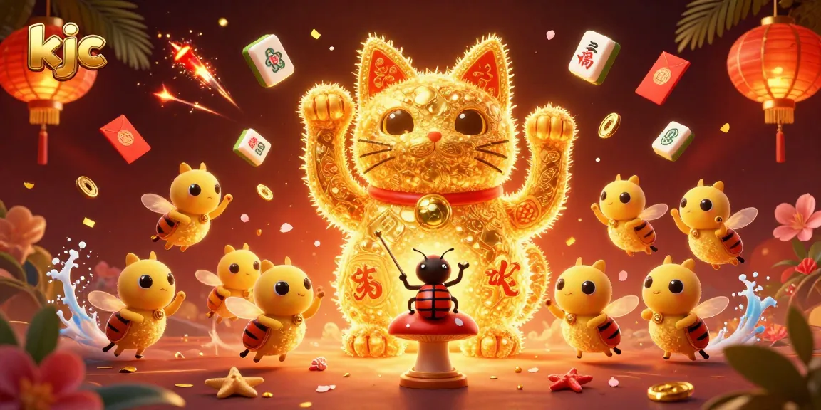 kjc offers a vibrant gaming experience with a jubilant lucky cat and celebratory symbols.