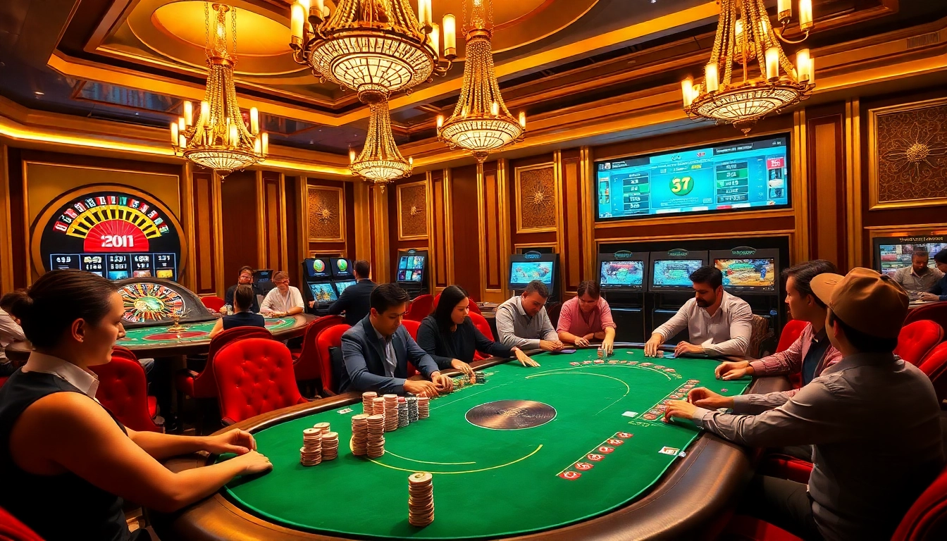 Players enjoying poker at an MM88 casino table, showcasing vibrant chips and a lively atmosphere.
