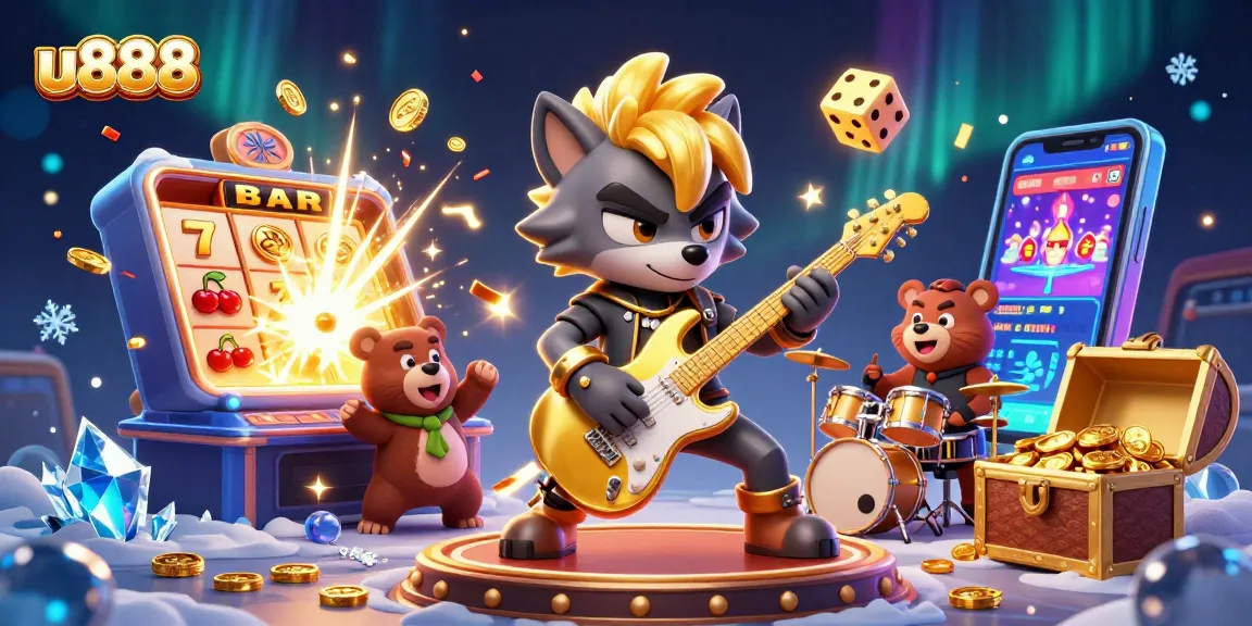 Experience u888's stunning casino stage with cartoon rock star wolf and jackpot slot explosion.