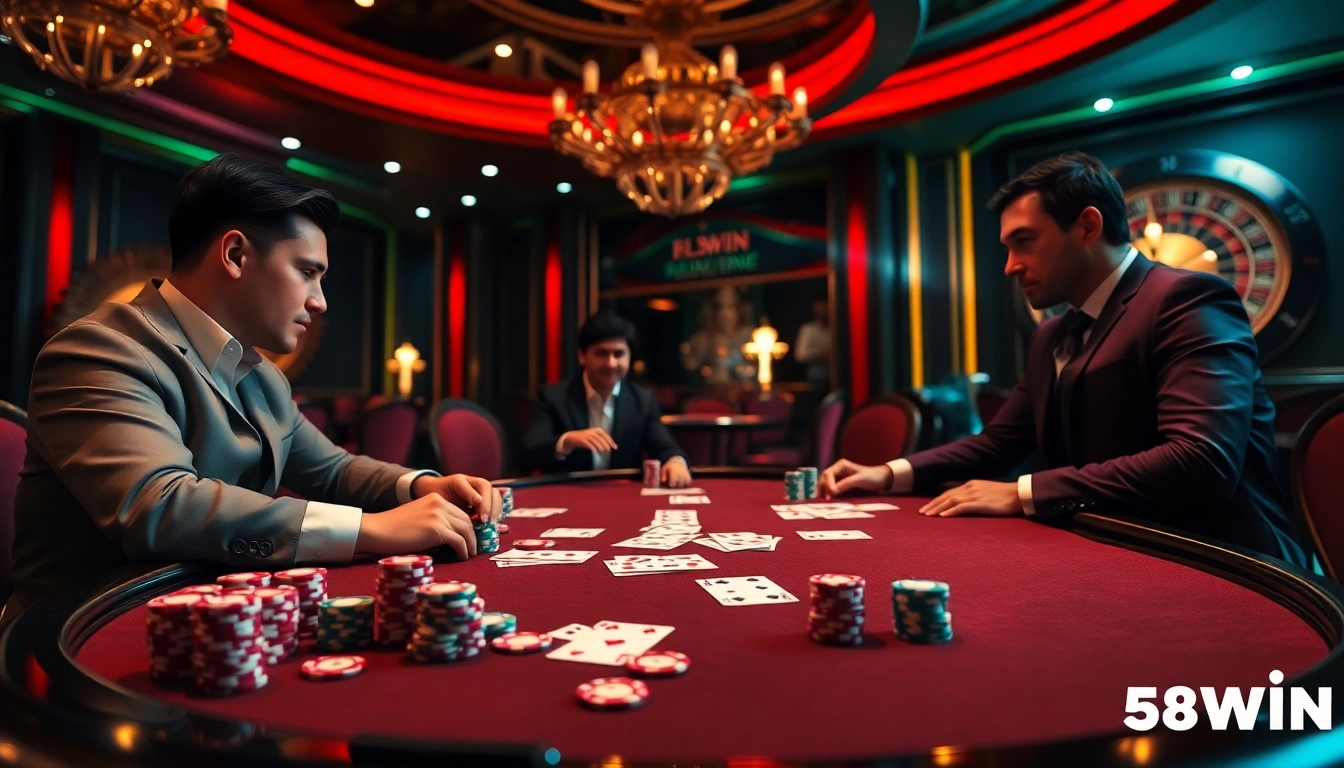 Engaging poker game scene at nhà cái 58WIN showcasing thrilling casino atmosphere with professional players.
