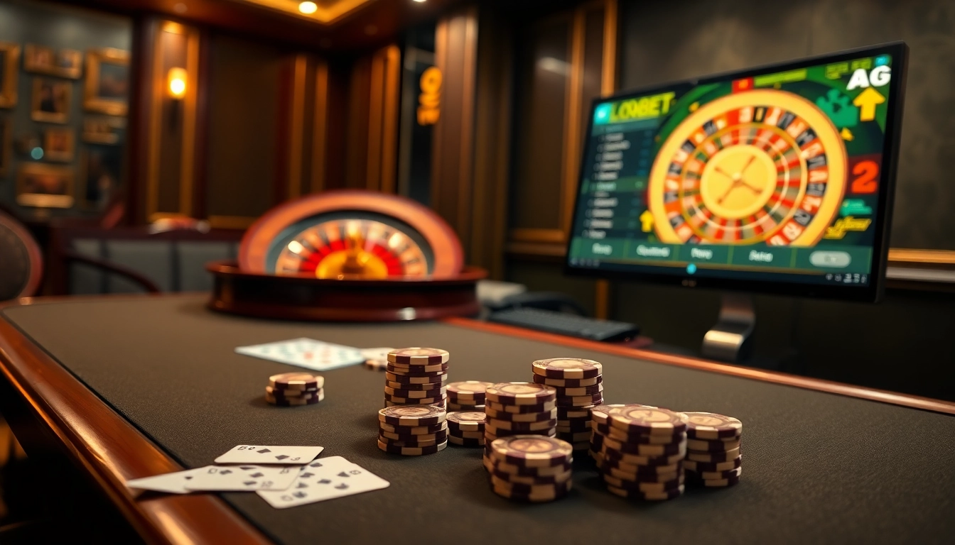 Exciting gameplay at trang chủ 8kbet featuring poker chips and casino tables in an elegant setting.