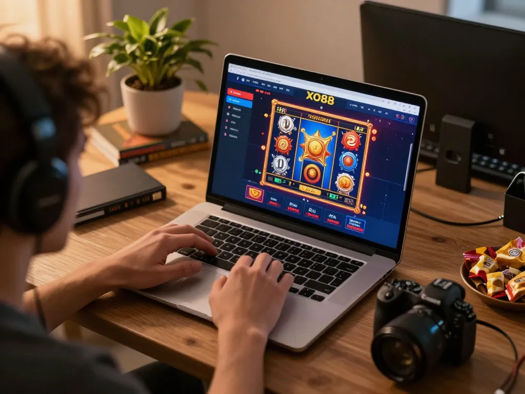 Player enjoying a vibrant session with XO88's online casino games in a cozy home setup.