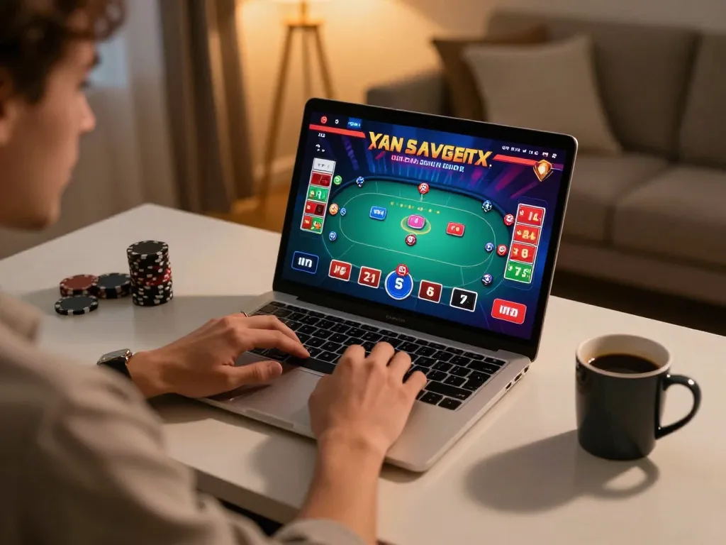Engaging in NK88 online poker gameplay with cozy home atmosphere and stylish setup