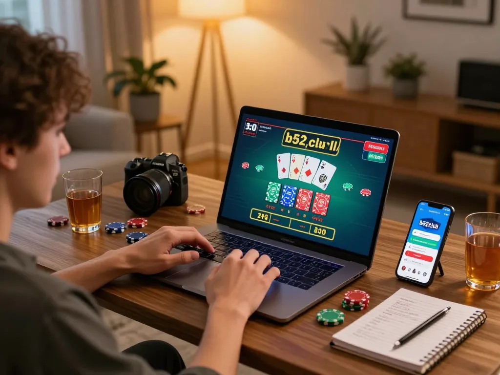 B52club gaming setup with smartphone displaying live dealer game, emphasizing responsible gaming.