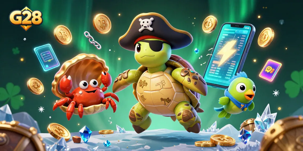 Engage in thrilling G28 casino adventures with a pirate turtle and treasure in a vibrant scene.
