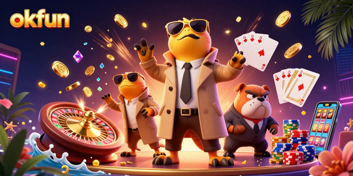 Experience excitement at okfun with cartoon raptors attempting to enter a VIP casino lounge.