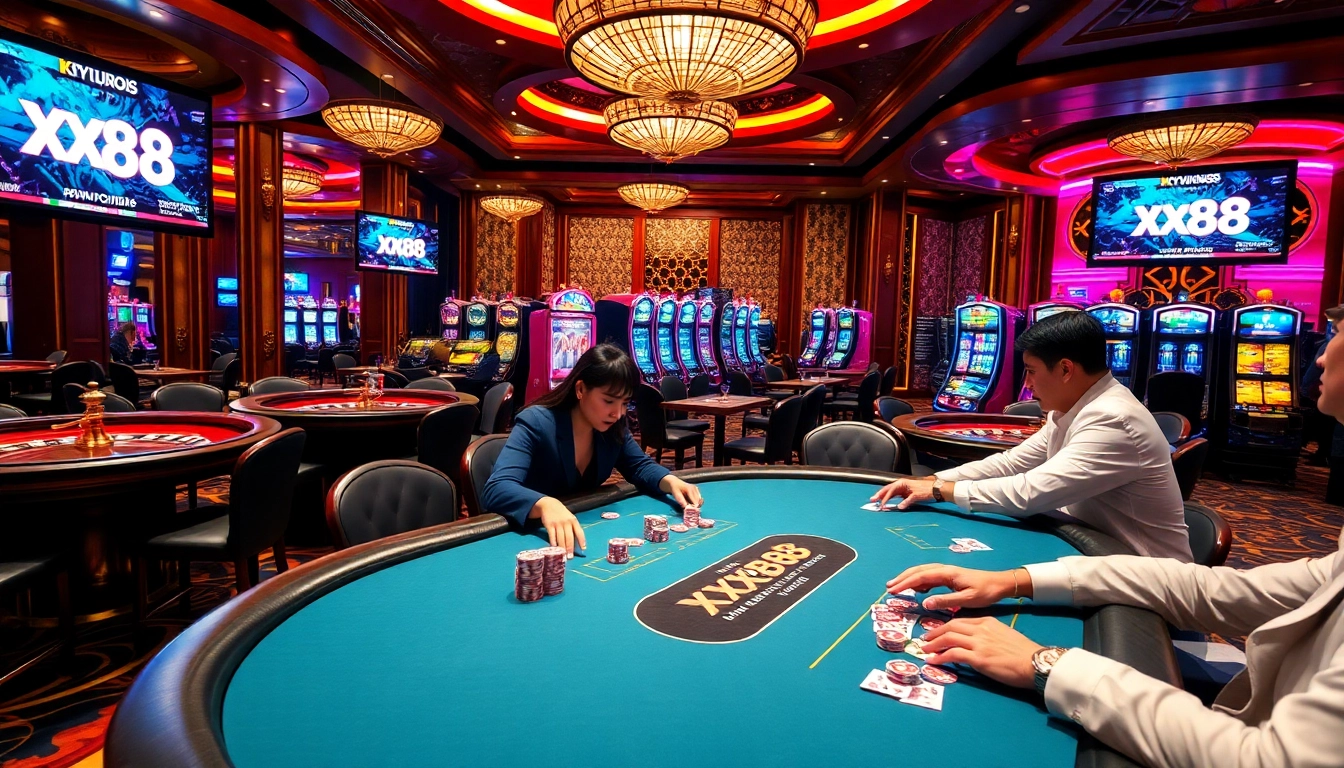 Exciting players engaging with poker at xx88's professional casino setup.