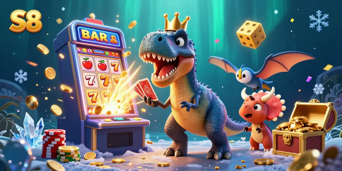 The S8 online casino features playful dinosaurs in a colorful jackpot scene, showcasing dynamic gaming excitement.