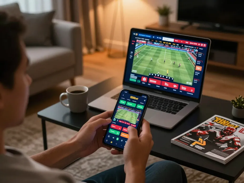 Experience sports betting excitement with 188bet app displayed on smartphone in cozy living room