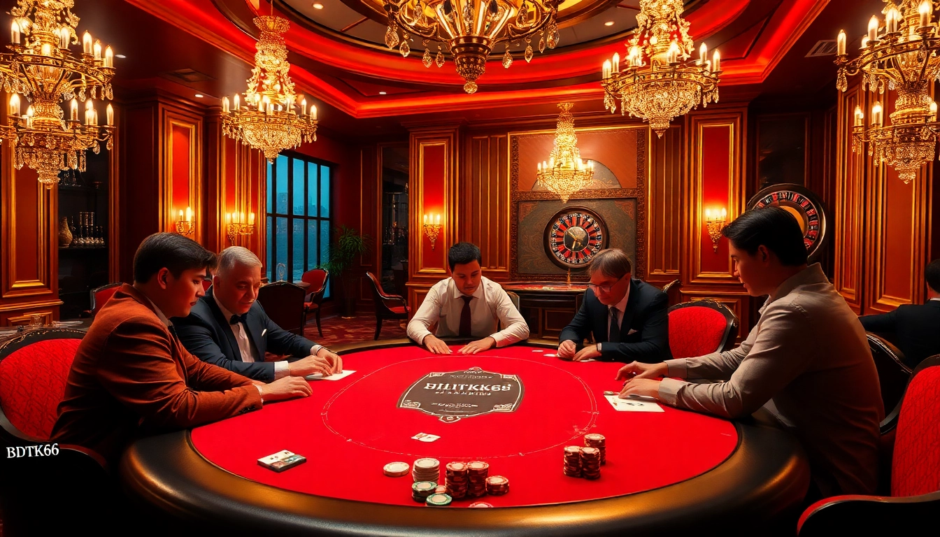 Engaging players at a poker table with BDTK66-themed chips in a luxurious casino environment.