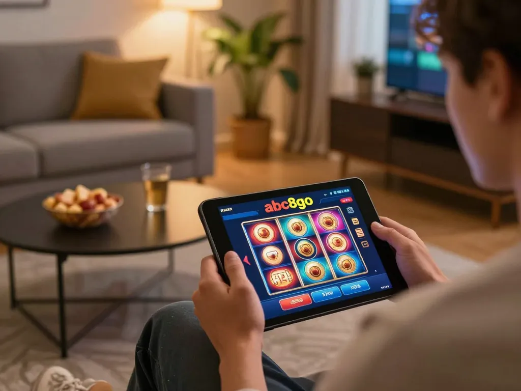Enjoying online gaming with abc8go on a tablet in a cozy home setup