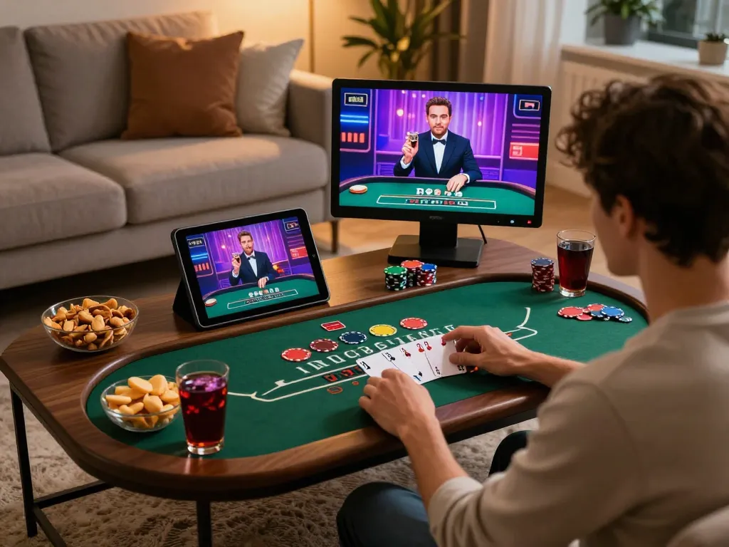 vipwin2 player enjoying live dealer blackjack while relaxing at home with snacks and tablet
