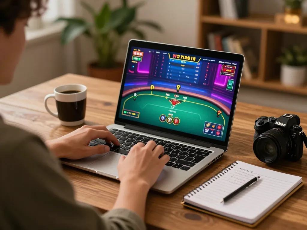 Player enjoying online poker at 789club on a laptop with strategy notes nearby.