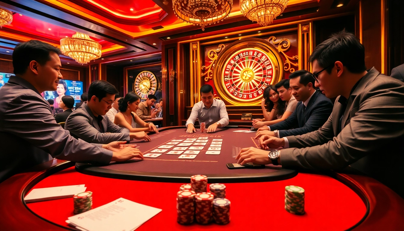 Exciting WE88 poker action at a luxurious casino table with players and a dealer.