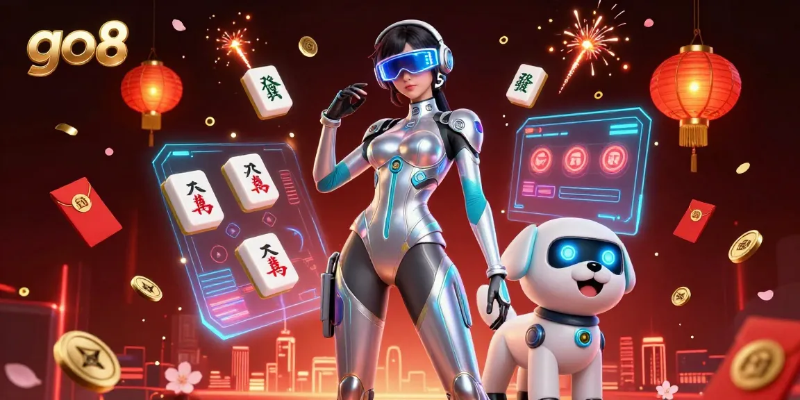 Engage with go8's vibrant 3D casino atmosphere featuring a futuristic character and animated gaming elements.