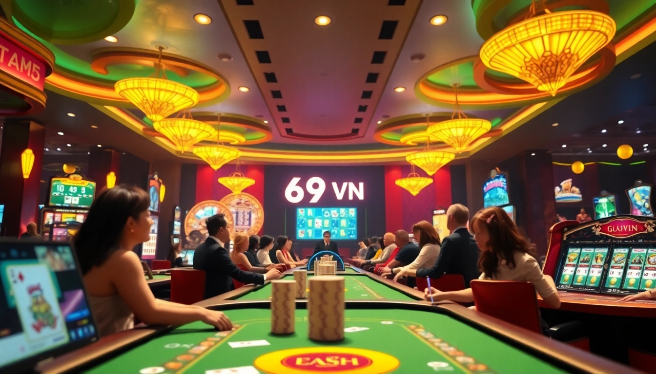 Engaging casino atmosphere showcasing online gaming at 69VN with vibrant colors and lively players.