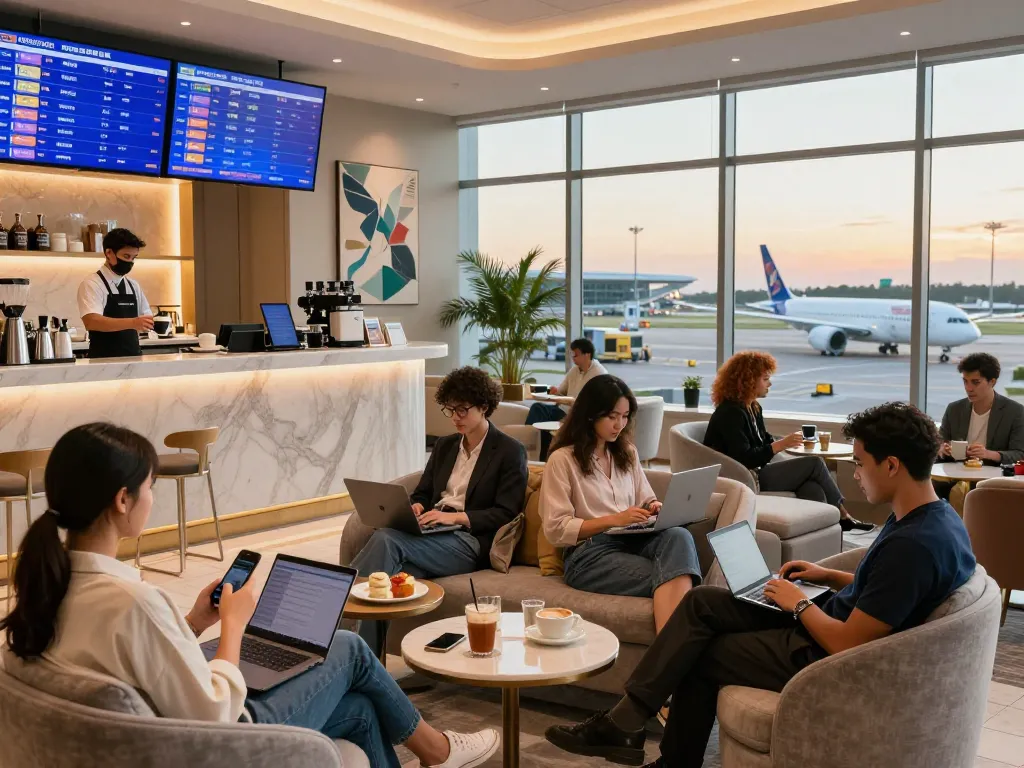 Relaxing travelers in an upscale airport lounge showcasing link 789P experience with luxury amenities.