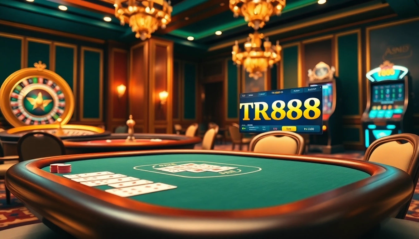 Engaging players in TR888 at a luxurious casino table with vibrant cards and chips.