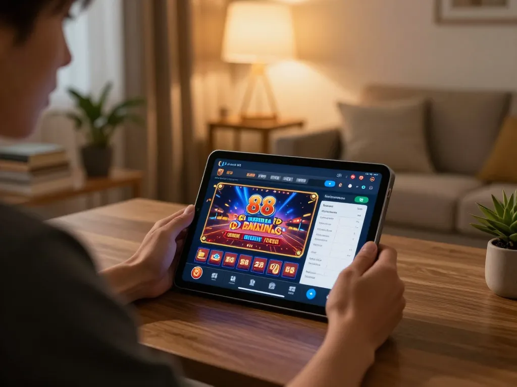 Playing sc 88 online casino game on a tablet in a cozy home setting with warm lighting.