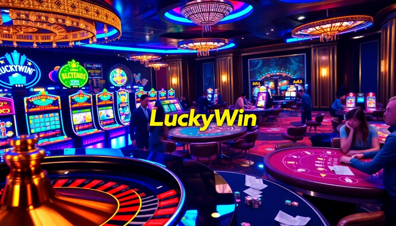 Engaged gamblers enjoying games at LuckyWin's vibrant casino with slot machines and poker tables.