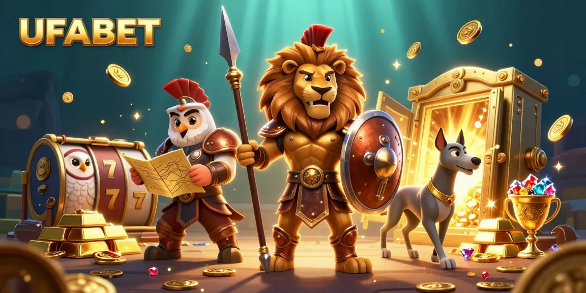 Experience UFABET's thrilling atmosphere through vibrant 3D illustration of heroic characters amidst casino excitement.
